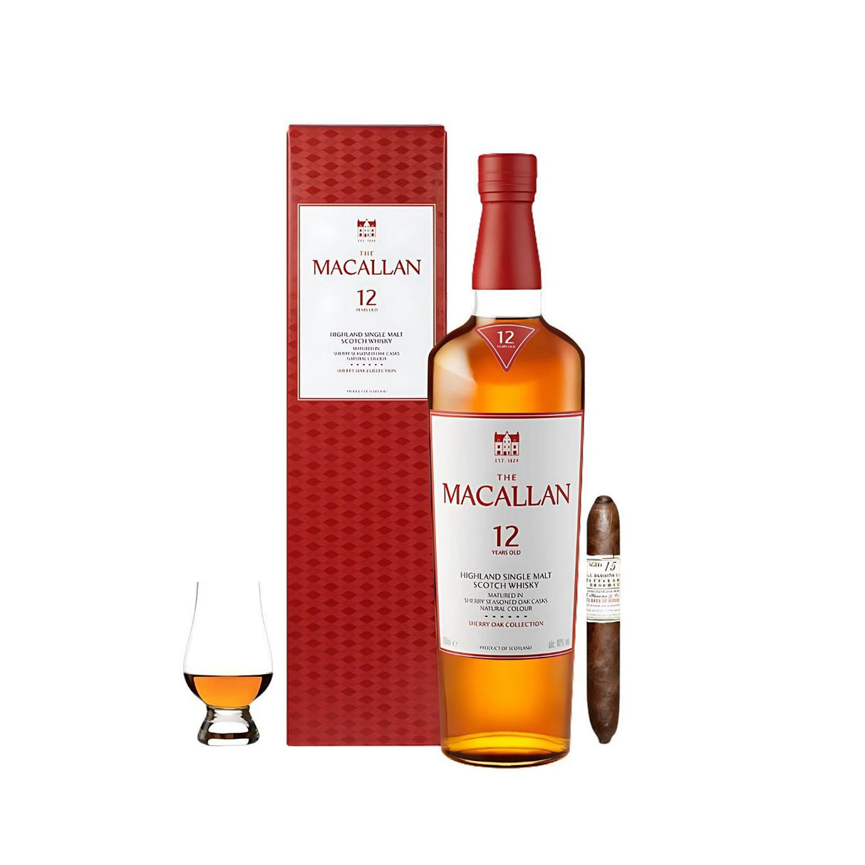 The Macallan 12 Year Sherry Oak Single Malt Scotch Whisky Gift Set with Gurkha Cigar and Glencairn Glass 750ml