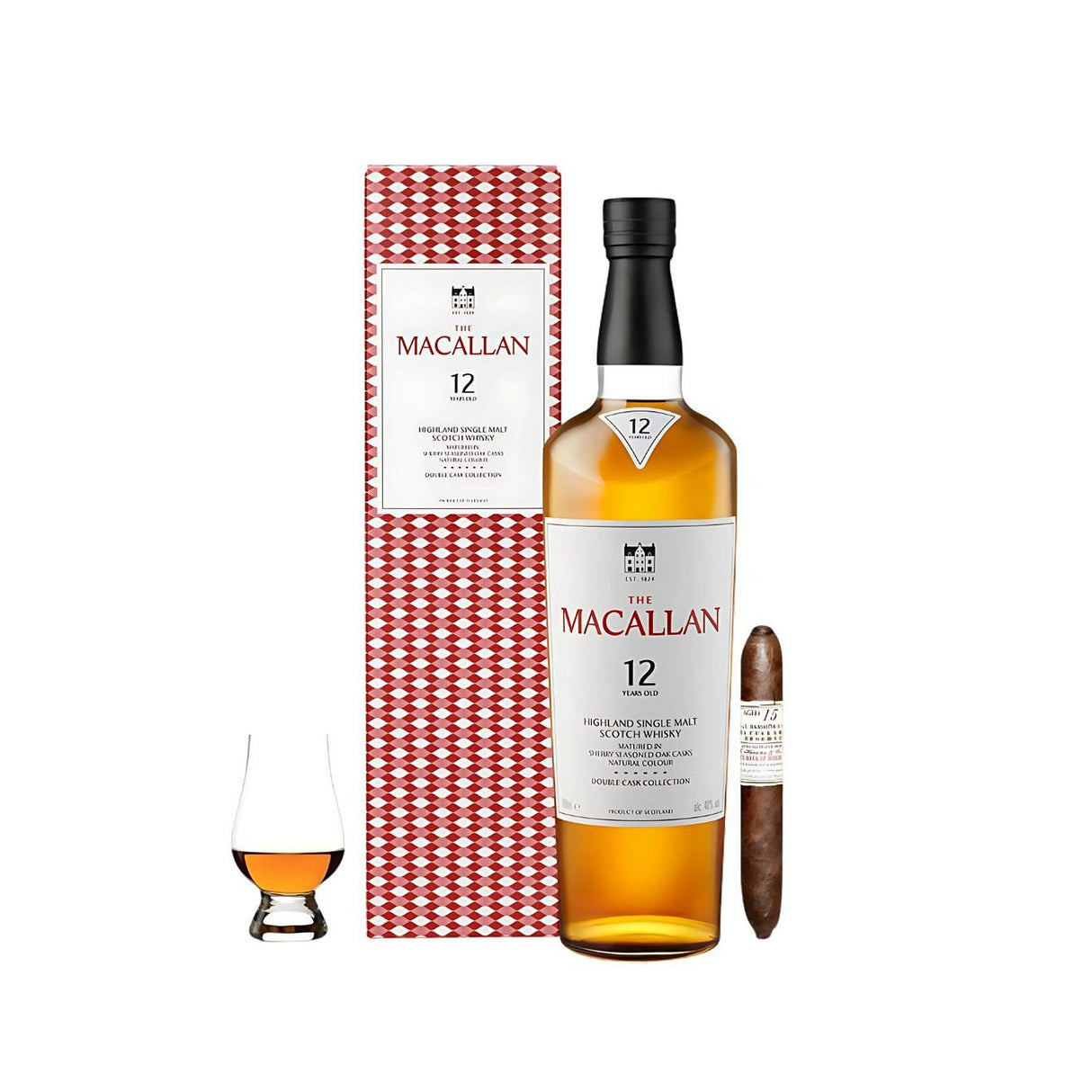 The Macallan 12 Year Double Cask Scotch Gift Set with Gurkha Cigar and Glencairn Glass 750ml
