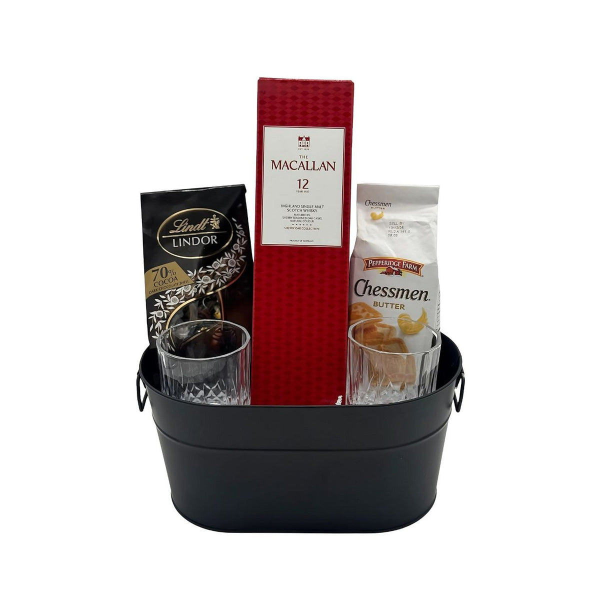 The Macallan 12 Year Scotch Whisky Gift Basket with Old Fashioned Glasses, Chocolate & Cookies