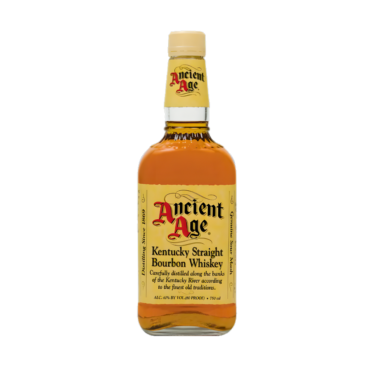 Ancient Age Kentucky Straight Bourbon Whiskey 750ml bourbon bottle with golden amber glass, cream screw cap and neck label, and cream label with red and black lettering against a clean white background