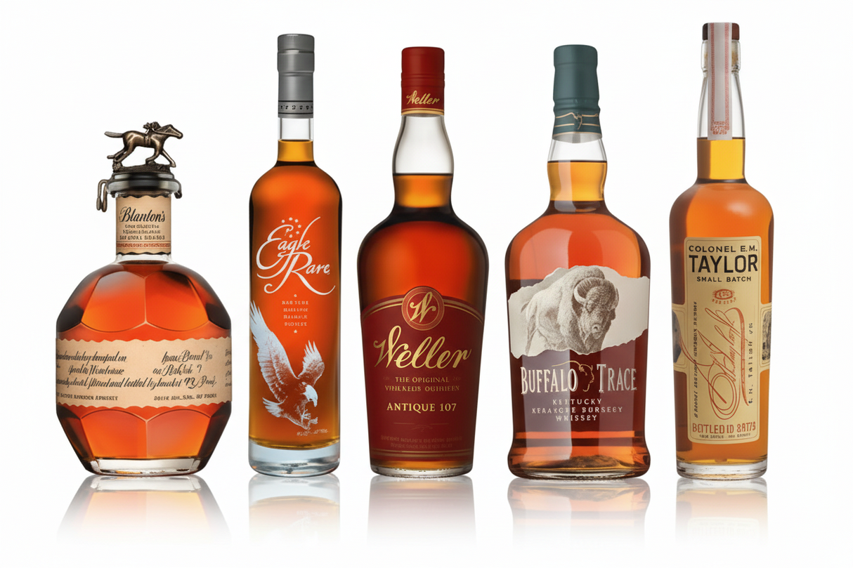 Value bourbon bundle with Blanton's, Eagle Rare, Weller Antique 107, Buffalo Trace, and E.H. Taylor Small Batch on black background