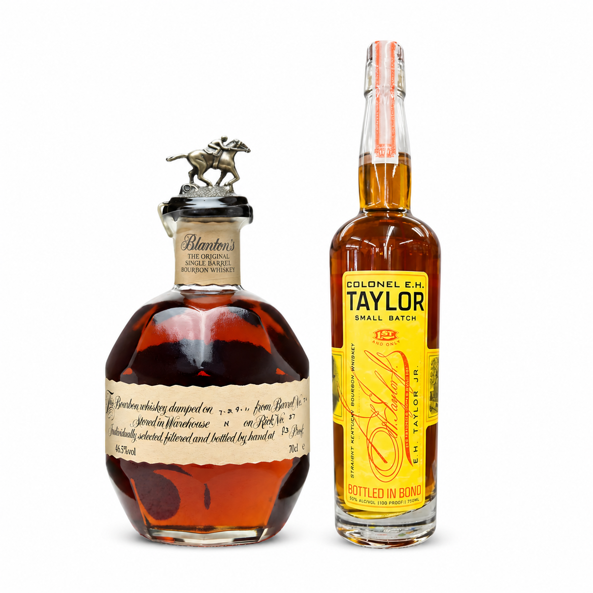 Blanton’s Original and E.H. Taylor Small Batch bourbon gift bundle on white background