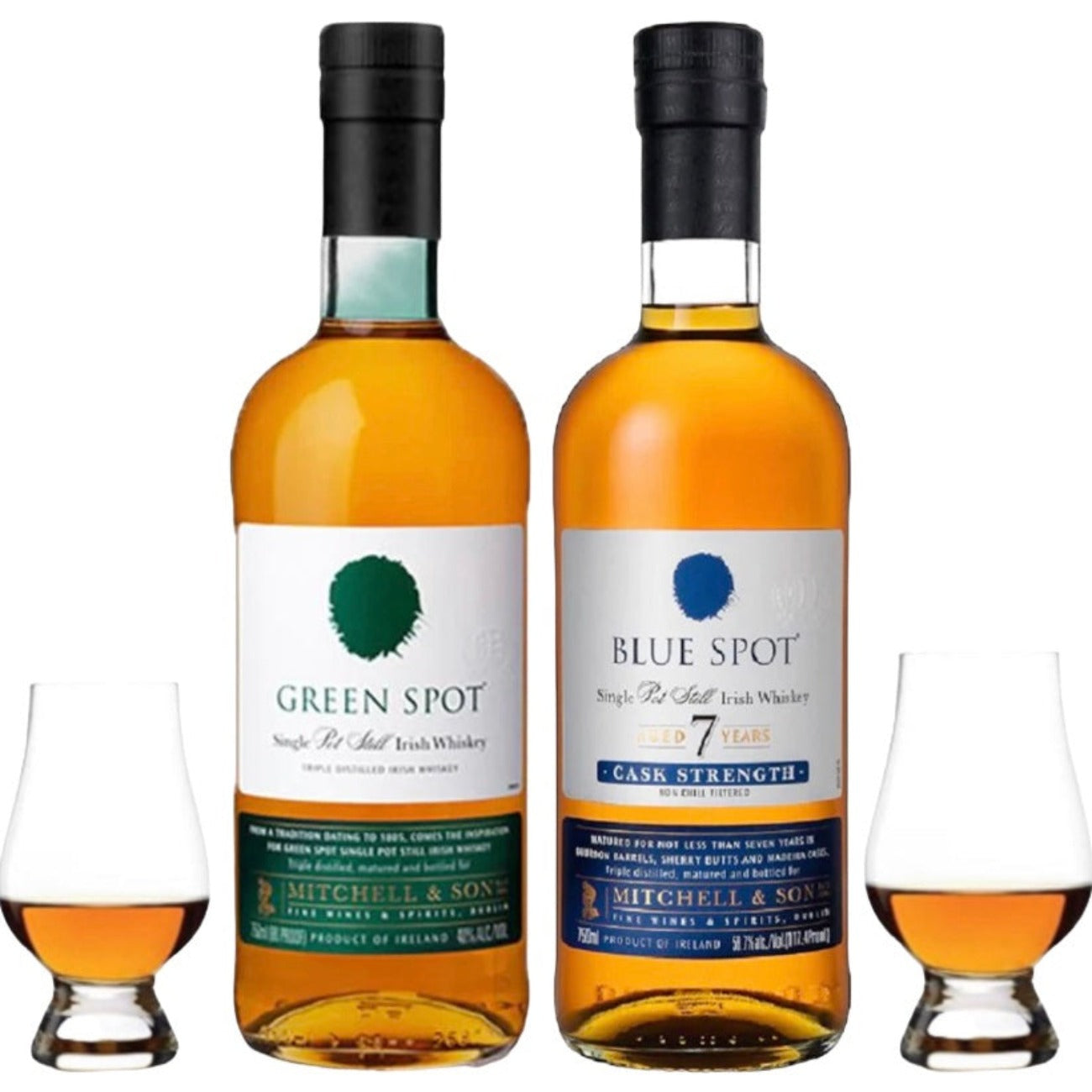 Green Spot and Blue Spot Irish Whiskey Gift Set with 2 Glencairn Glasses - 750ml