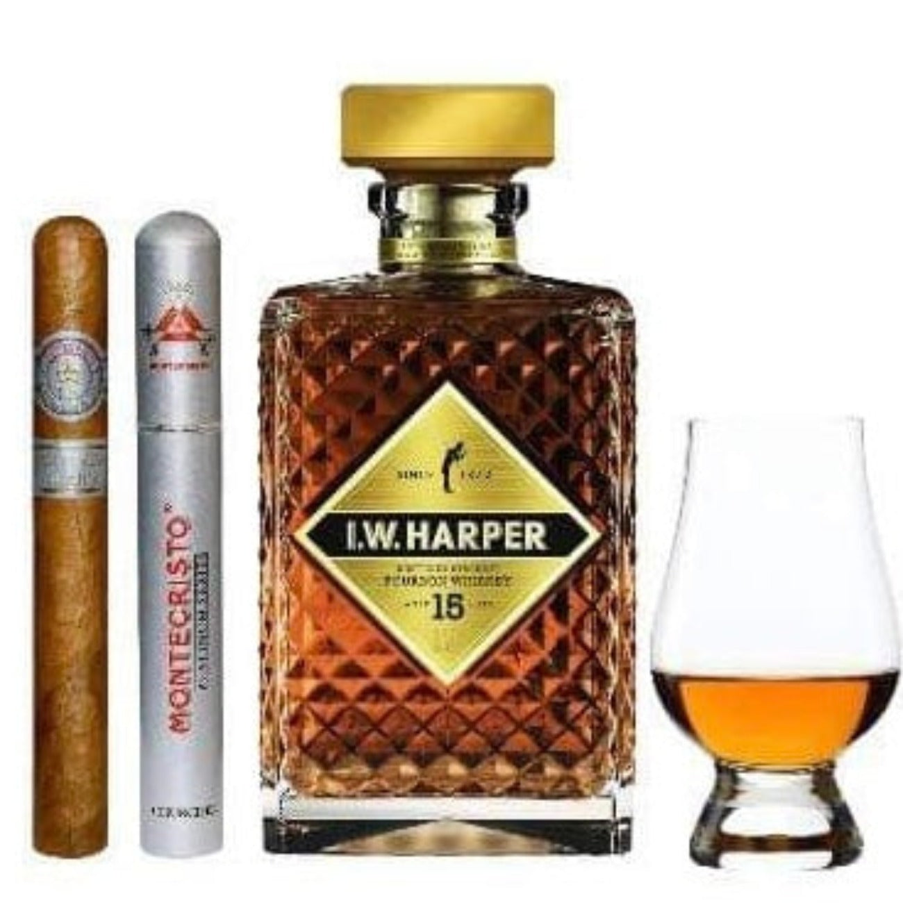 I.W. Harper 15 Year Bourbon Whiskey Gift Set with Cigar and Glencairn Glass 750ml