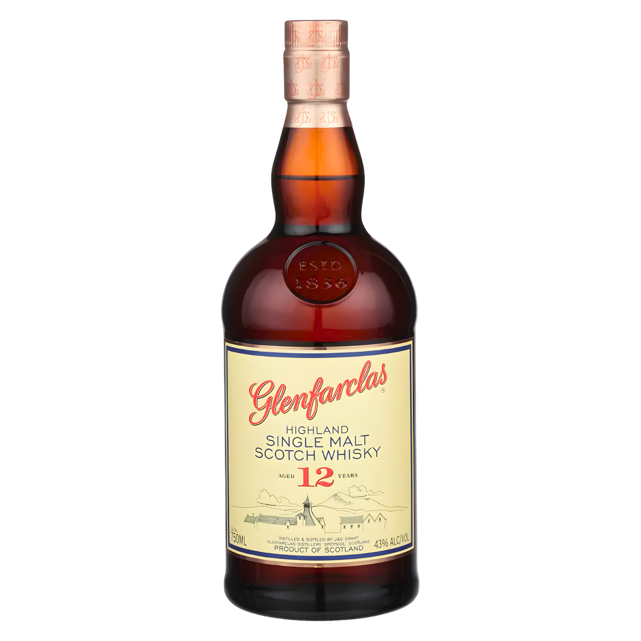 Glenfarclas 12 Year Highland Single Malt Scotch Whisky 750ml whisky bottle with deep amber glass, copper foil-wrapped cap, and cream label with red script lettering and detailed distillery illustration against a clean white background