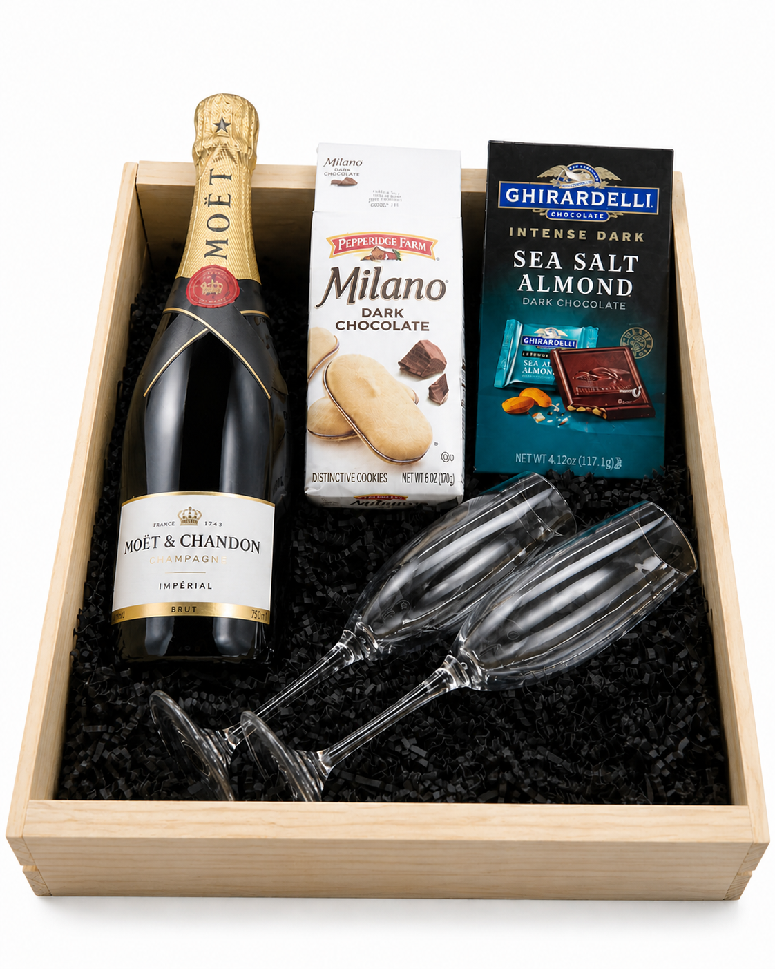 Moët & Chandon Brut Impérial Champagne gift set with flutes cookies chocolate and wooden crate