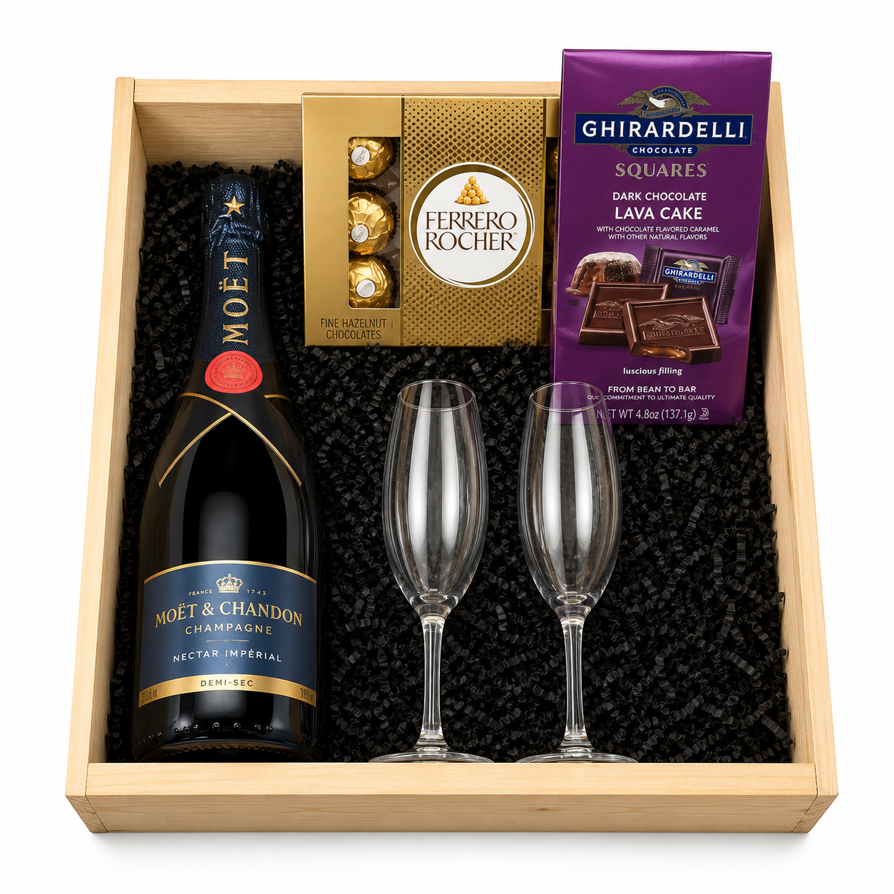 Moët and Chandon Nectar Impérial Champagne gift set with flutes Ferrero Rocher and Ghirardelli Lava Cake