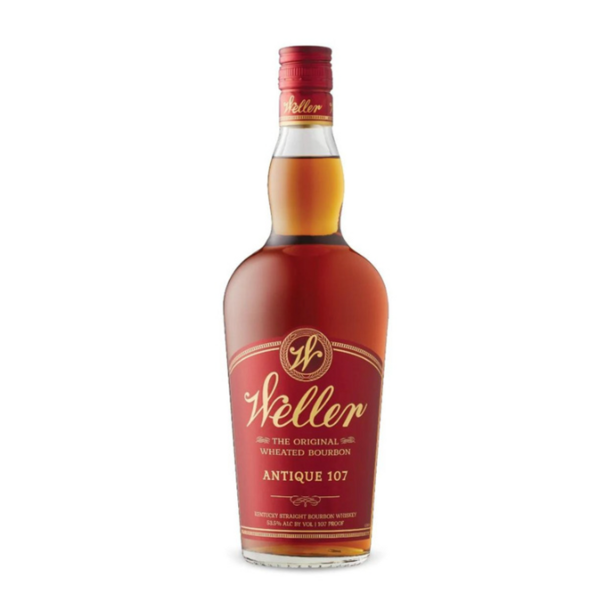 A bottle of W.L. Weller Antique 107 bourbon whiskey with a red label and cap.