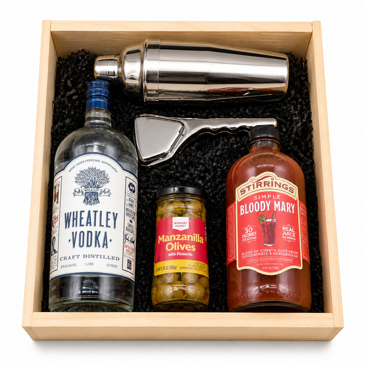 Wheatley Vodka Bloody Mary gift set with Stirrings mix olives shaker squeezer and wooden crate