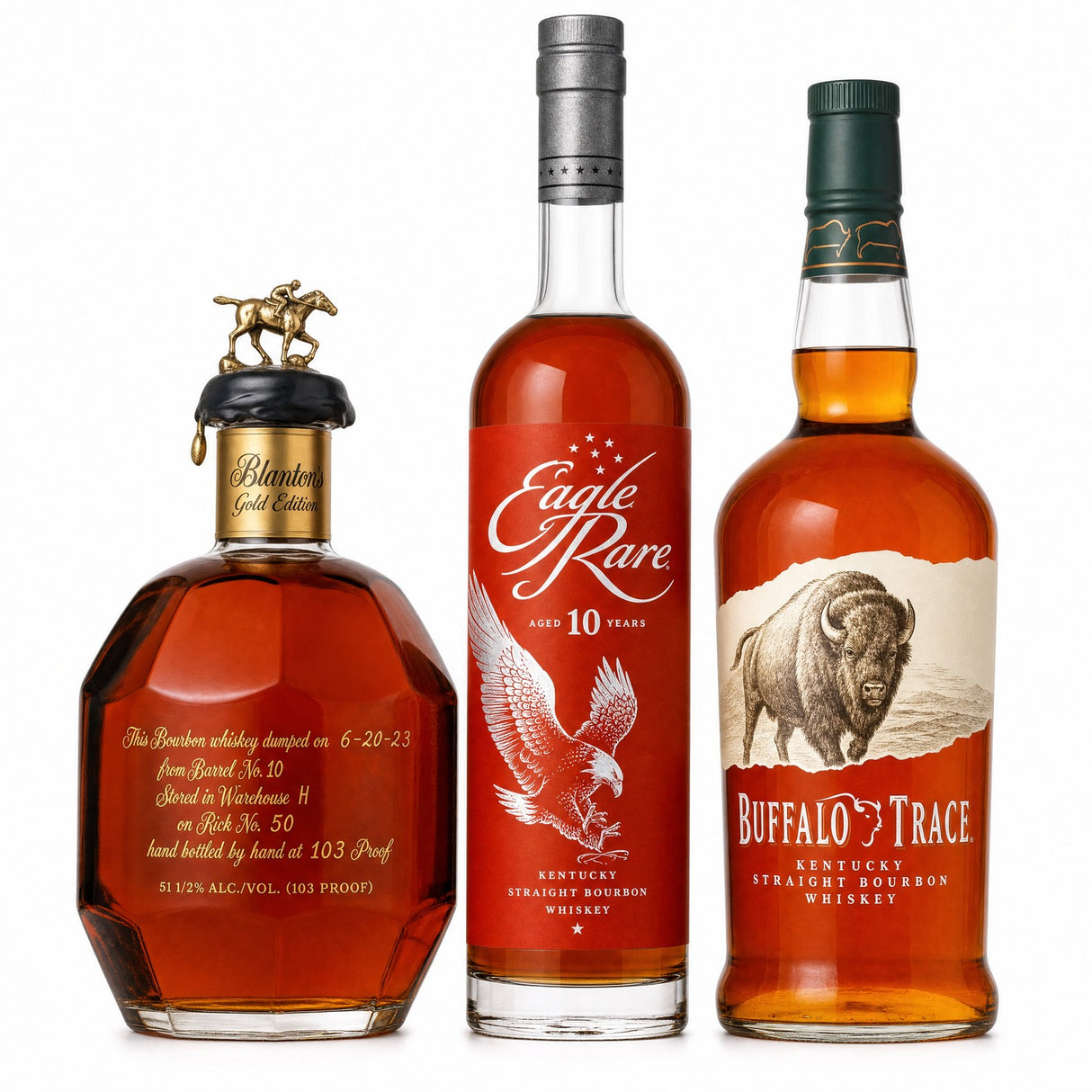 Blanton's Gold Edition Eagle Rare 10 Year and Buffalo Trace bourbon bundle three bottles