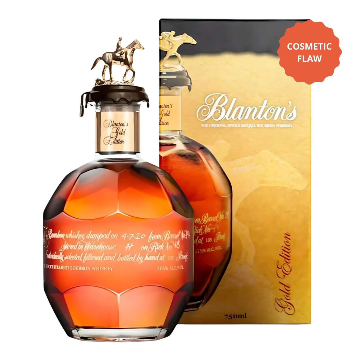 Blanton's Gold Edition Single Barrel Bourbon 750ml bottle with iconic horse stopper, 103 proof U.S. release from Buffalo Trace Distillery, Bloopers cosmetic flaw discount bottle