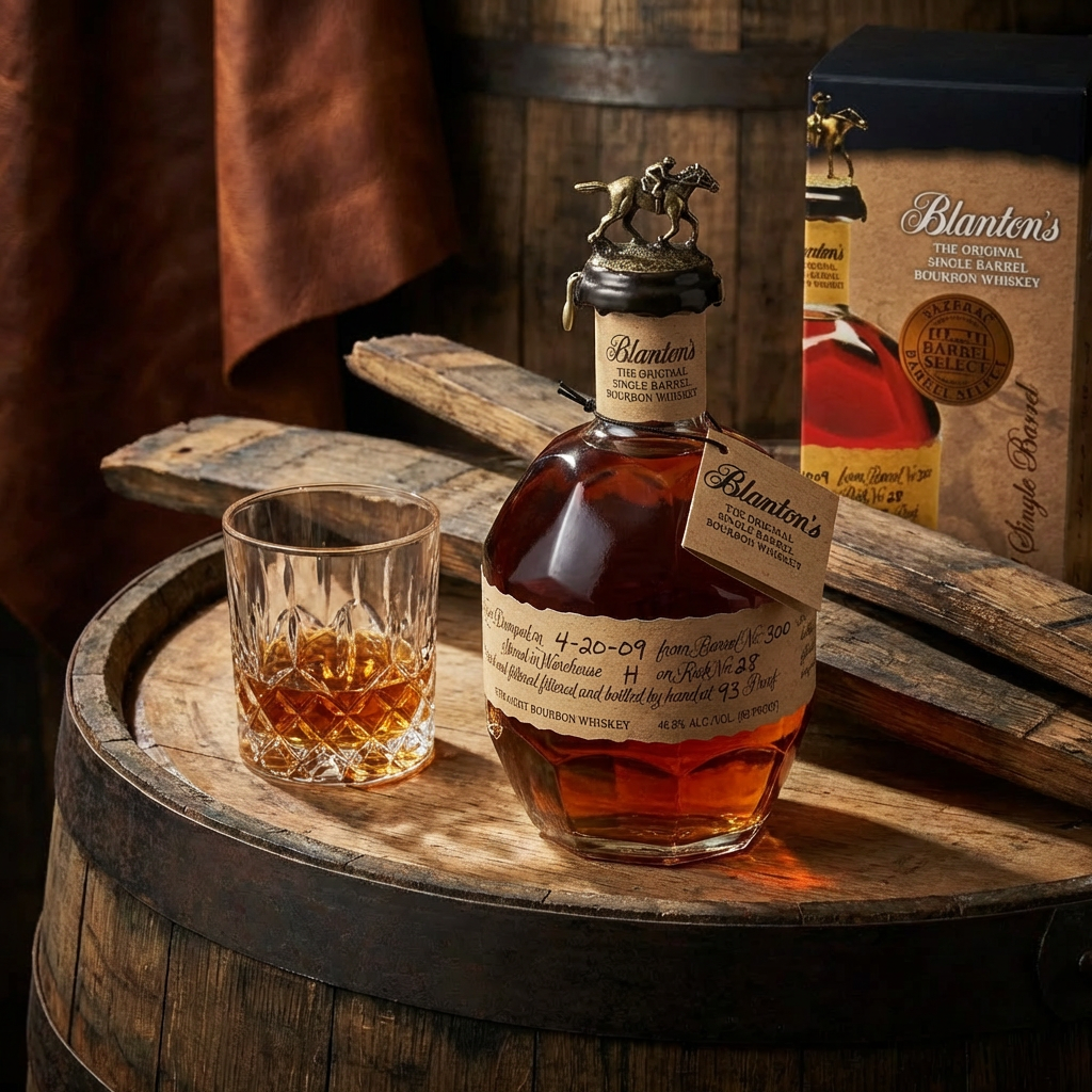 Blanton's Original Single Barrel Bourbon 375ml Private Barrel bottle with gold horse stopper displayed on rustic bourbon barrel with whiskey glass in warm bar setting