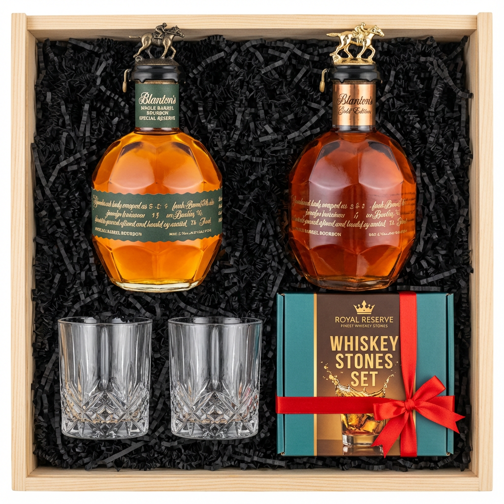 Blanton's Special Reserve Green Label 700ml and Blanton's Gold Edition 700ml dual-bottle gift crate with bronze and gold horse stoppers, crystal-cut old fashioned glasses with vertical ribs and starburst base, and Royal Reserve whiskey stones gift box with red ribbon all nestled in black crinkle paper inside wooden crate on white background