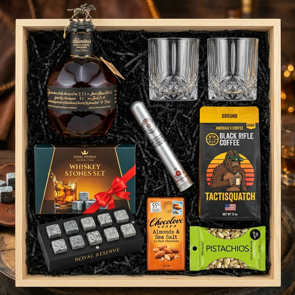 Blanton's Takara Black Edition Single Barrel Bourbon 750ml gift crate with bronze horse stopper, crystal-cut old fashioned glasses, Royal Reserve whiskey stones set with black wooden tray, Montecristo Platinum cigar, Black Rifle Coffee, Chocolove chocolate, and Wonderful Pistachios on rustic aged oak surface with warm amber bourbon bar lighting and moody bokeh