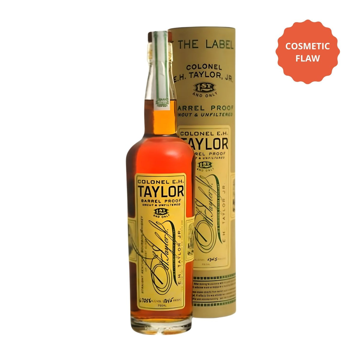 Colonel E.H. Taylor Barrel Proof Kentucky Straight Bourbon Whiskey 750ml bottle, uncut and unfiltered barrel strength 125-130 proof from Buffalo Trace Distillery, Bloopers cosmetic flaw discount bottle