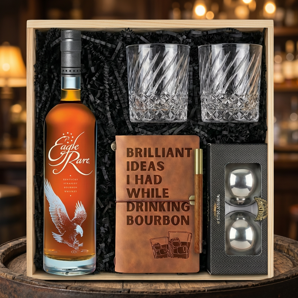 Eagle Rare 10 Year Kentucky Straight Bourbon Whiskey gift crate with orange label and white eagle illustration, crystal-cut old fashioned glasses with diagonal twisted swirl pattern, tan leather bourbon journal and pen set, and Stanley&