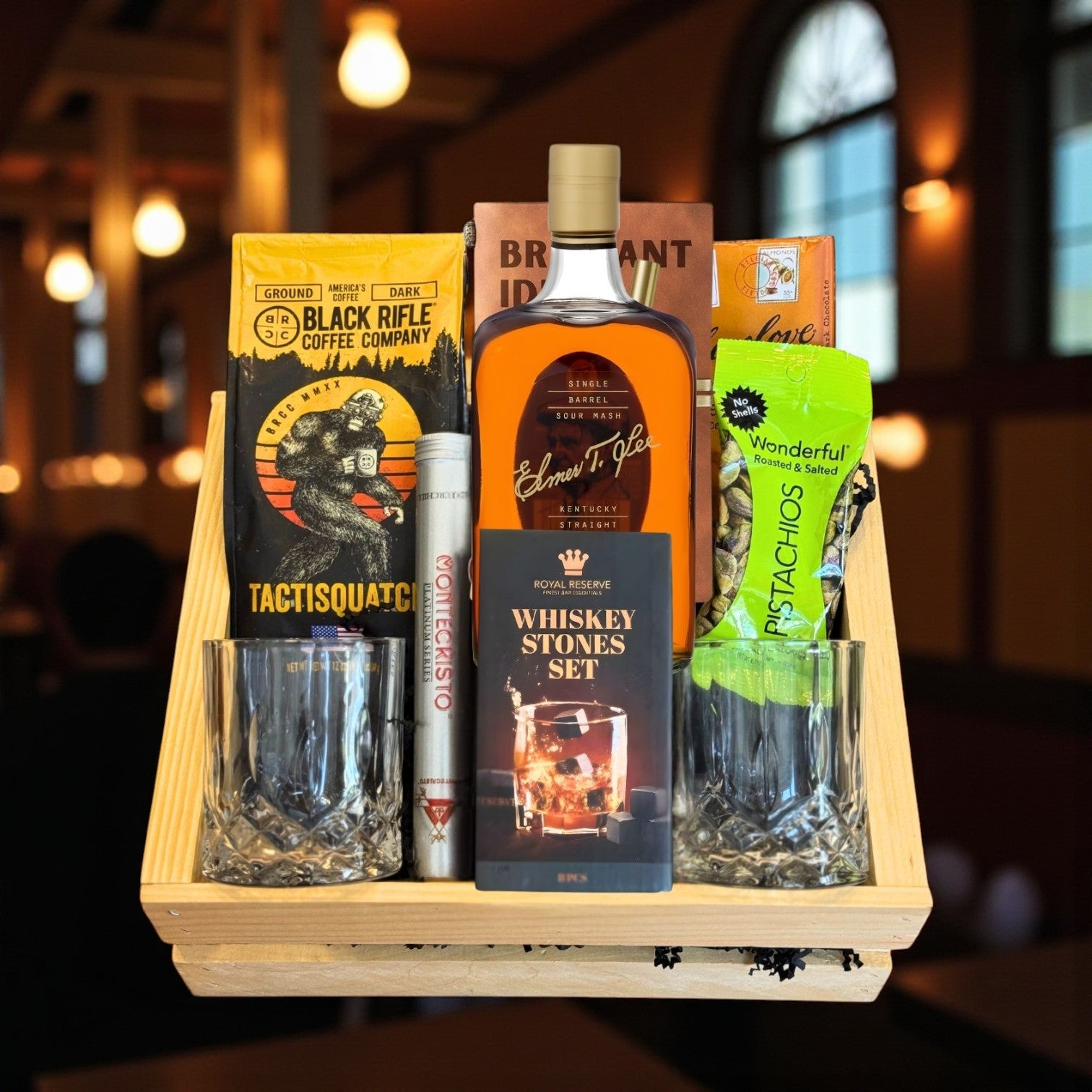 Elmer T. Lee Single Barrel Bourbon Top Shelf Gift Crate with whiskey, glasses, coffee, cigar and journal displayed in wooden crate – premium bourbon gifting set from Total Bourbon