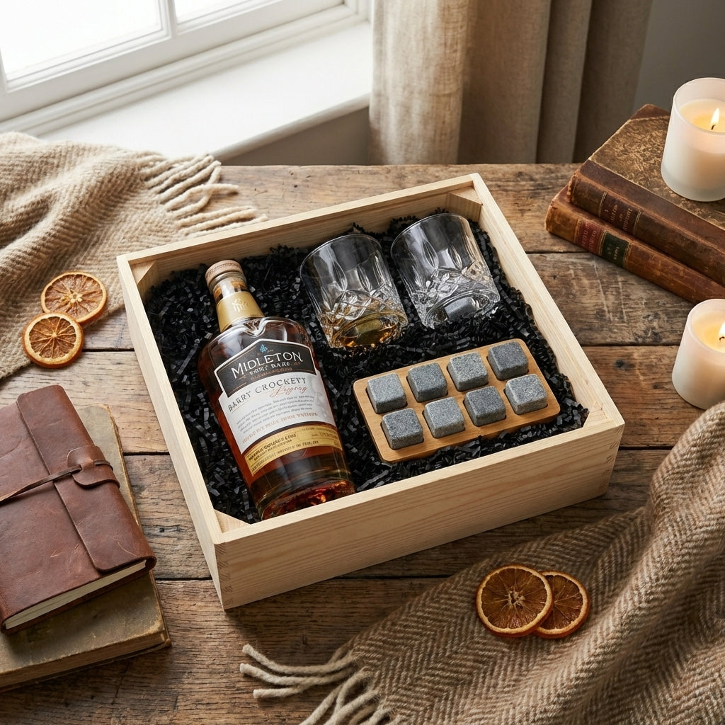 Emerald Isle Gift Crate with Midleton Barry Crockett Legacy Irish Whiskey, two crystal-cut Old Fashioned glasses, and whiskey stones set with tray laying on a wooden table