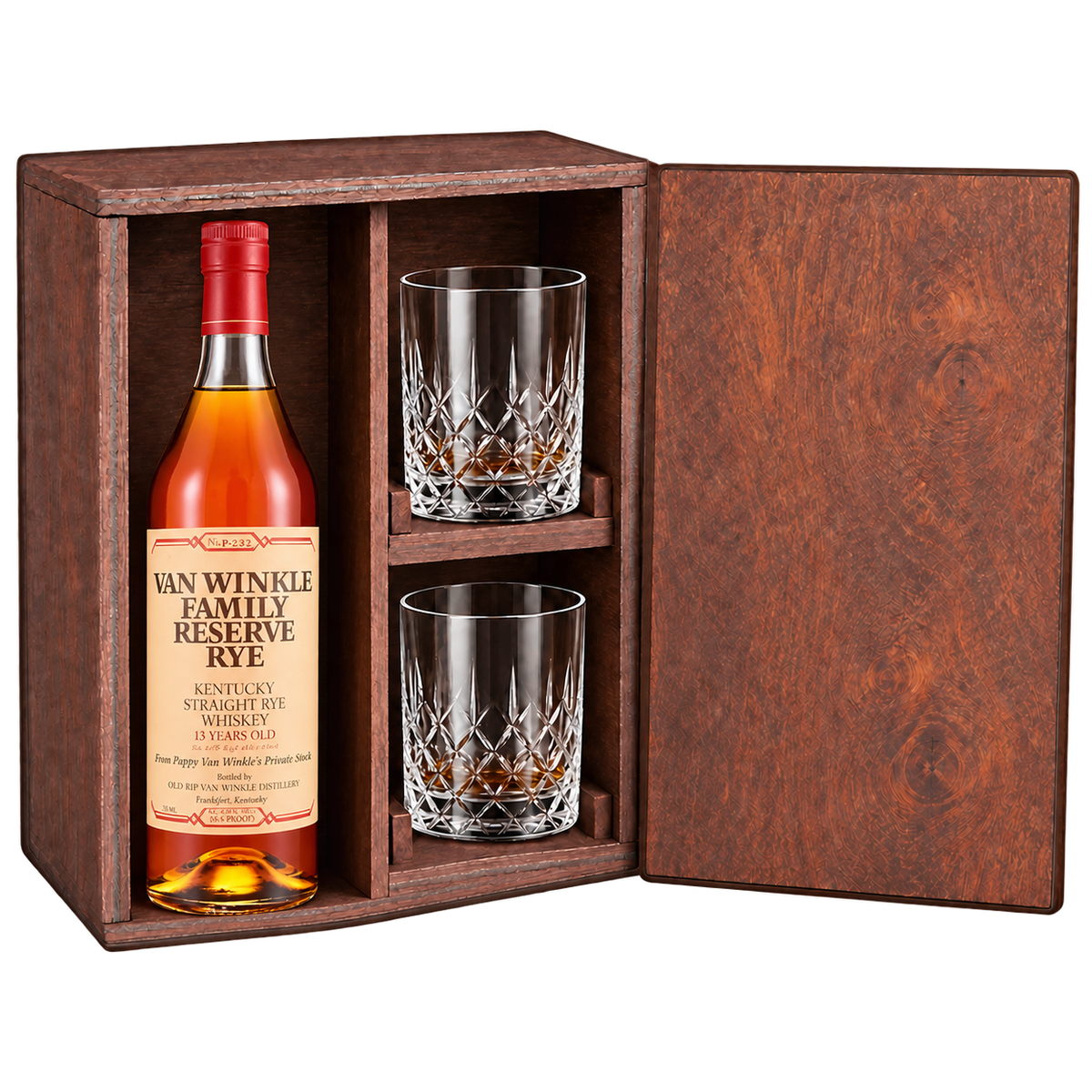 Van Winkle Family Reserve Rye 13 Year Gift Set with Wooden Box & 2 Crystal Glasses featuring a 750 mL bottle, fitted wooden box, and two glasses