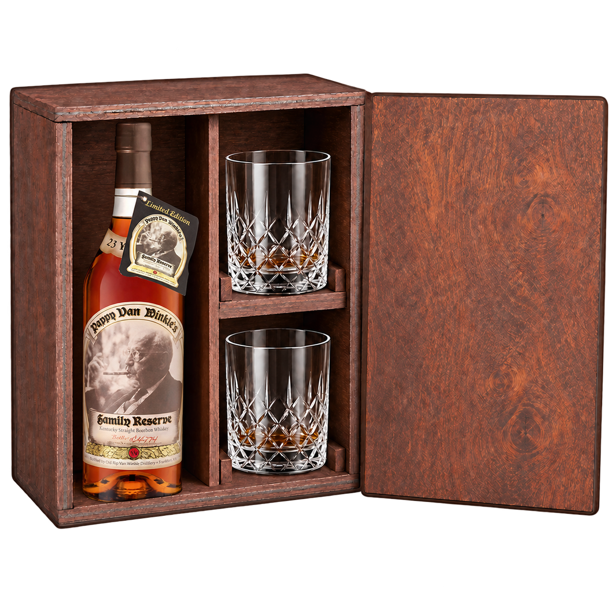 Pappy Van Winkle Family Reserve 23 Year Gift Set with Wooden Box & 2 Crystal Glasses featuring a 750 mL bottle, fitted wooden box, and two glasses