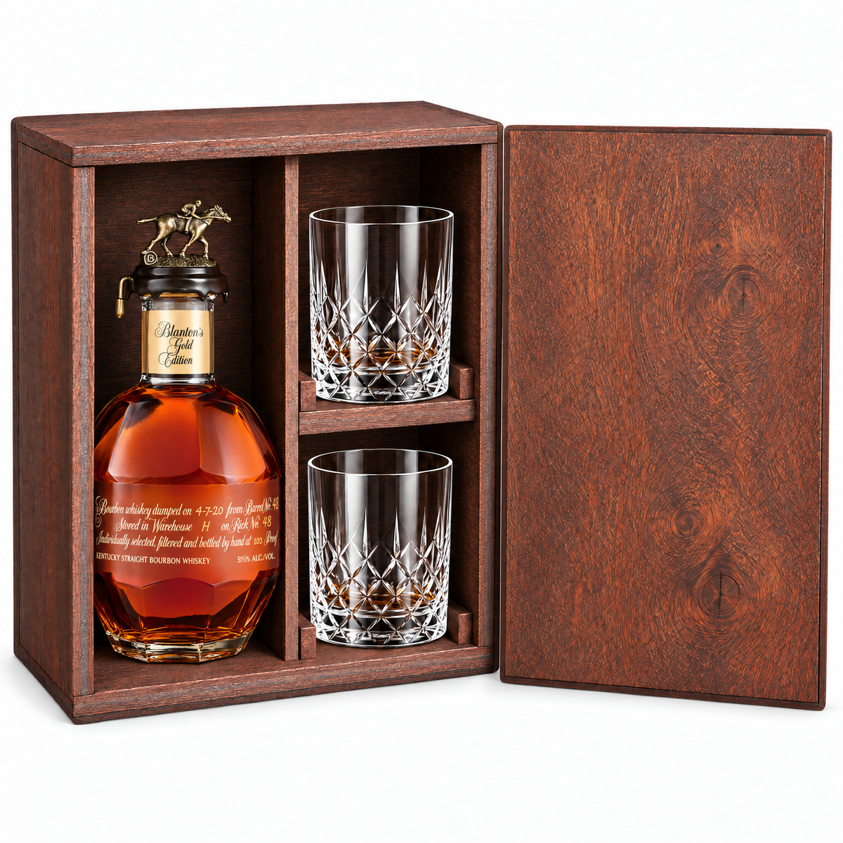 Blanton's Gold Edition Gift Set with Wooden Box & 2 Crystal Glasses wooden gift set hero