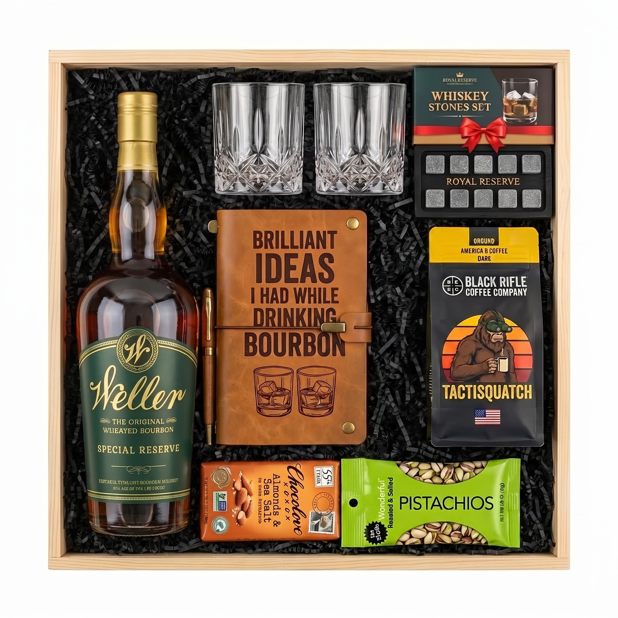 W.L. Weller Special Reserve Gold Foil Edition gift crate with two glasses, a leather bourbon journal and pen, whiskey stones, coffee, chocolate, and pistachios in a wood crate.