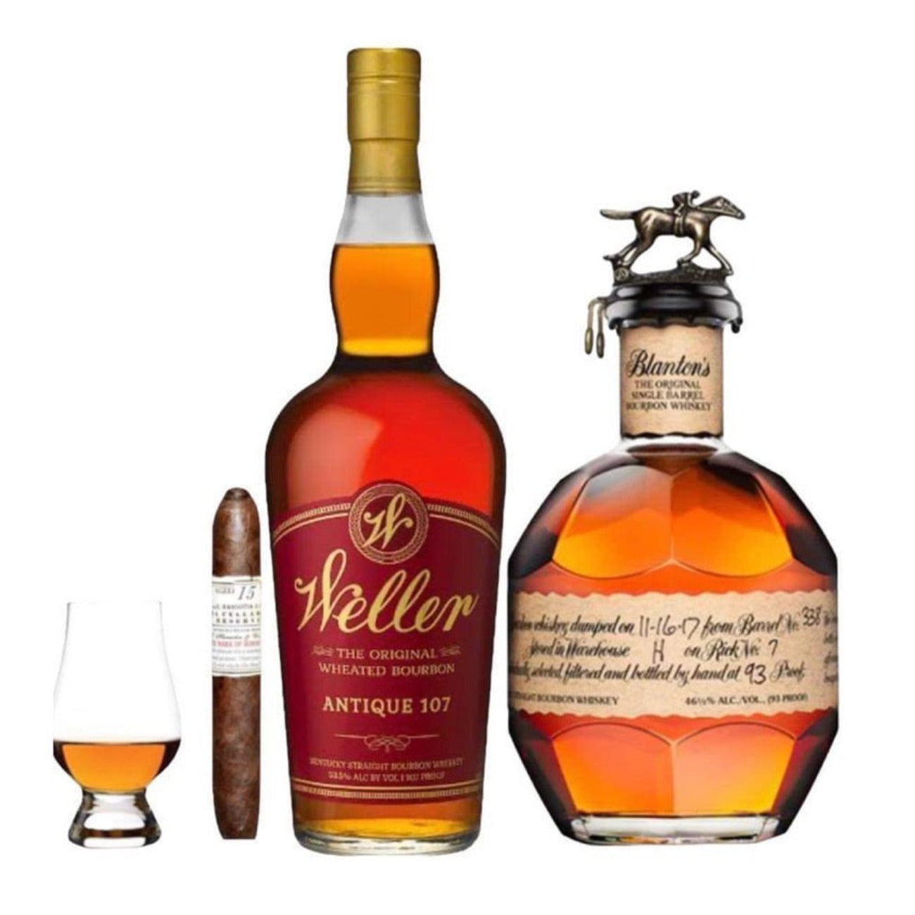 Blanton’s and Weller Antique 107 Bourbon Combo Gift Set with Gurkha Cigar and Glencairn Glass