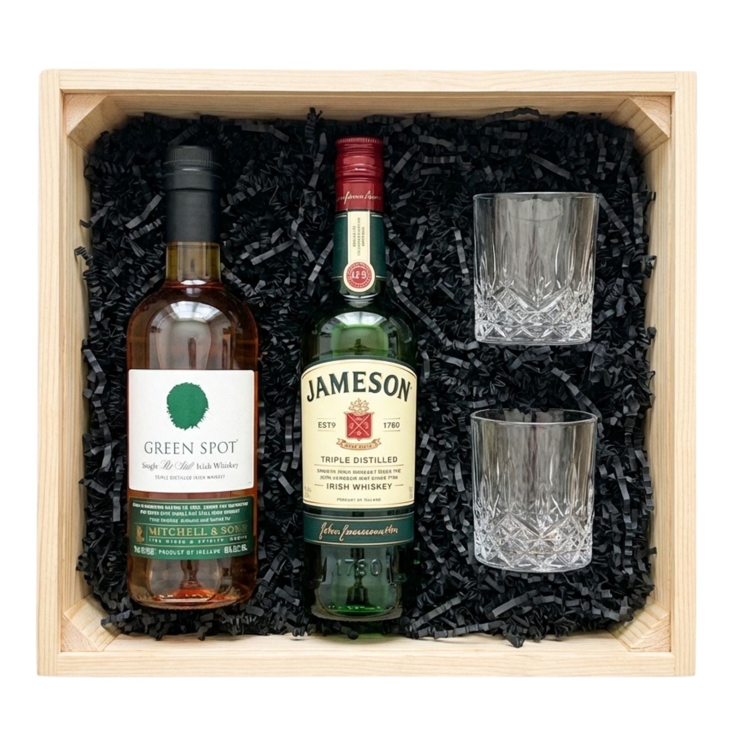 Irish Tasting Duo Gift Crate with Jameson Irish Whiskey, Green Spot Single Pot Still Irish Whiskey, and two crystal-cut Old Fashioned glasses