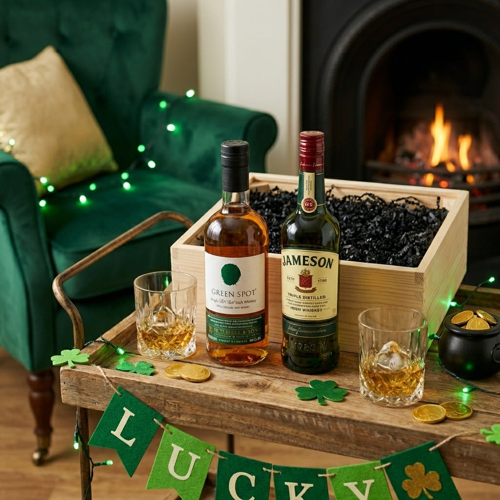 Irish Tasting Duo Gift Crate with Jameson Irish Whiskey, Green Spot Single Pot Still Irish Whiskey, and two crystal-cut Old Fashioned glasses, celebrating St Patrick&