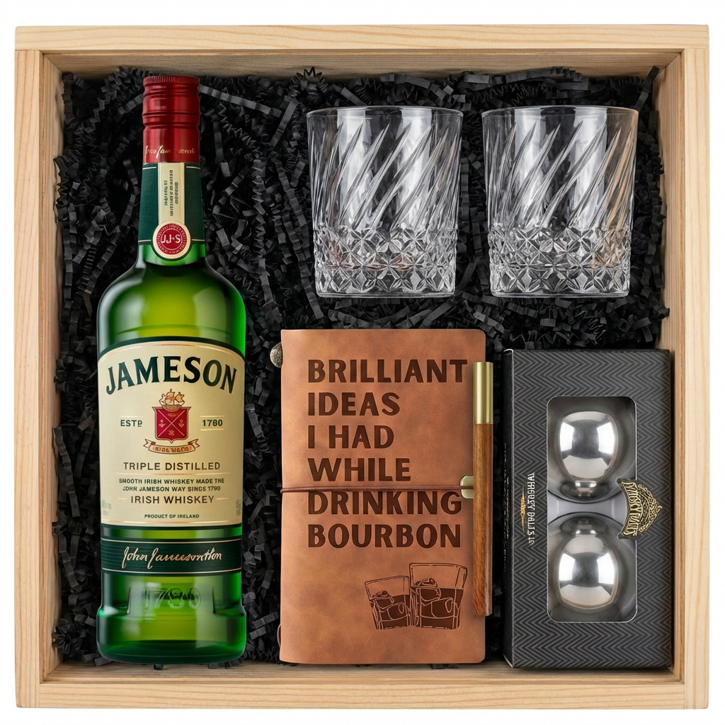 Jameson Irish Whiskey gift crate with green bottle and red cap, crystal-cut old fashioned glasses with diagonal twisted swirl pattern, tan leather bourbon journal and pen set, and Stanley&