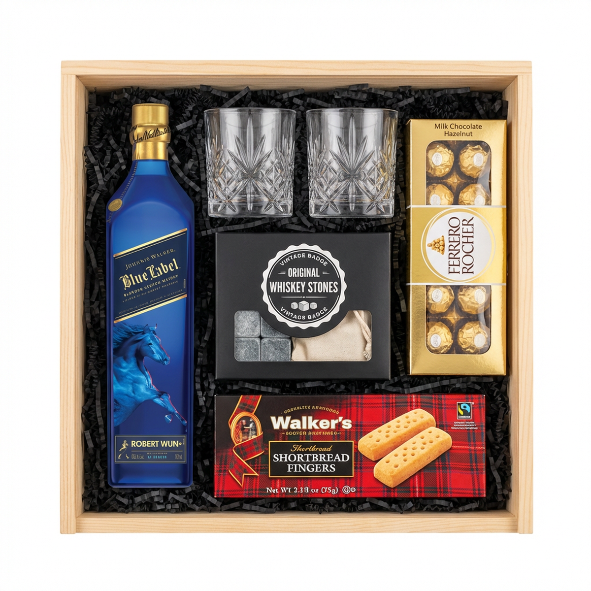 Johnnie Walker Blue Label Year of the Horse Gift Crate with Ferrero Rocher 8-piece chocolates on white background