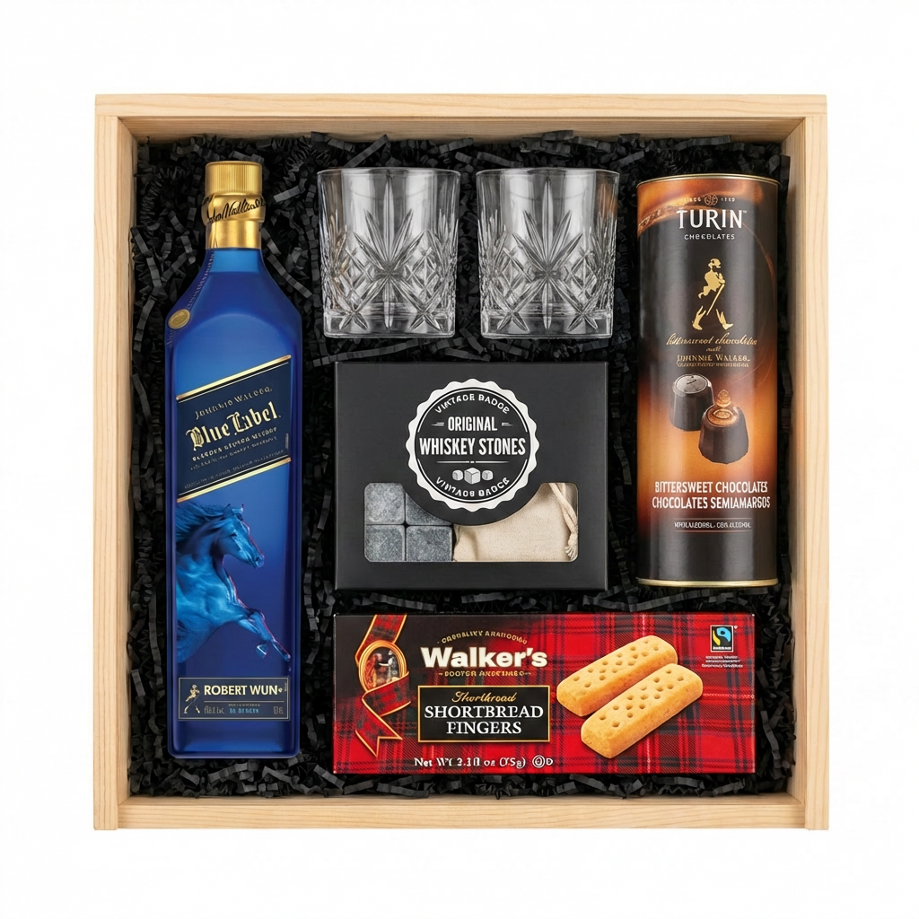 Johnnie Walker Blue Label Year of the Horse Limited Edition Scotch Gift Crate featuring a 750ml commemorative bottle, two crystal cut whiskey glasses, Original Whiskey Stones set, Walker's Shortbread Fingers, and Turin Johnnie Walker Bittersweet Chocolates tube, arranged in a light wooden gift box with black crinkle paper