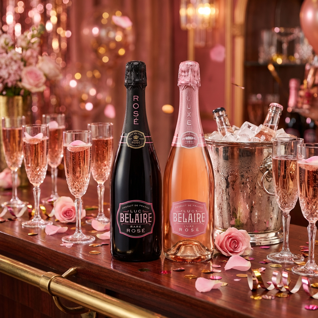 Luc Belaire Rosé Party Pack with Rare Rosé and Luxe Rosé bottles displayed in a glamorous celebration setting with champagne flutes and festive pink and gold ambiance
