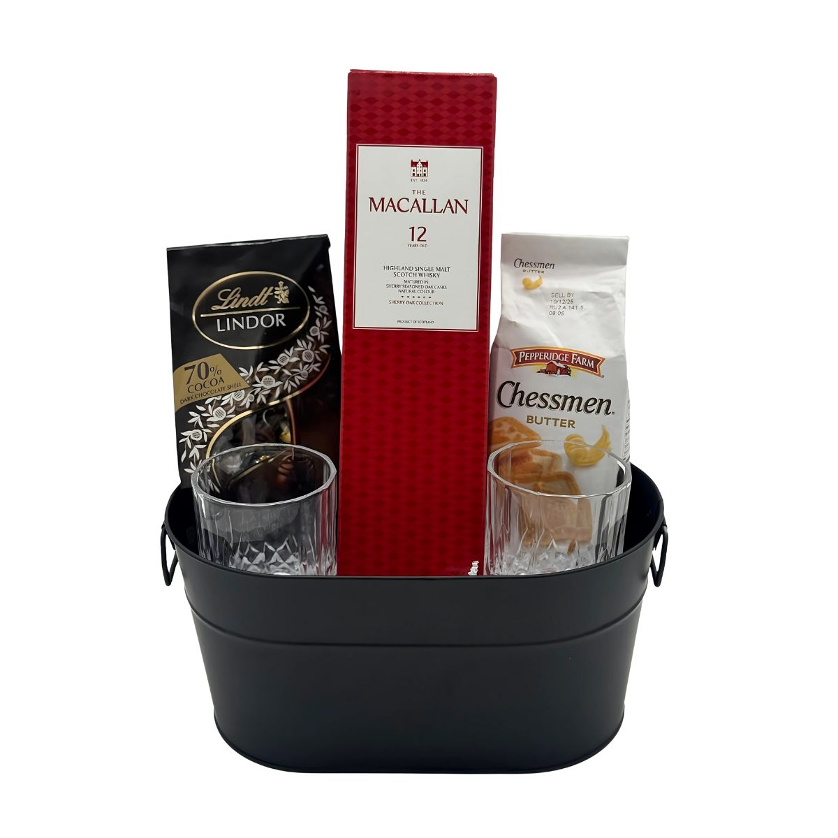 The Macallan 12 Year Scotch Whisky Gift Basket with Old Fashioned Glasses, Chocolate & Cookies