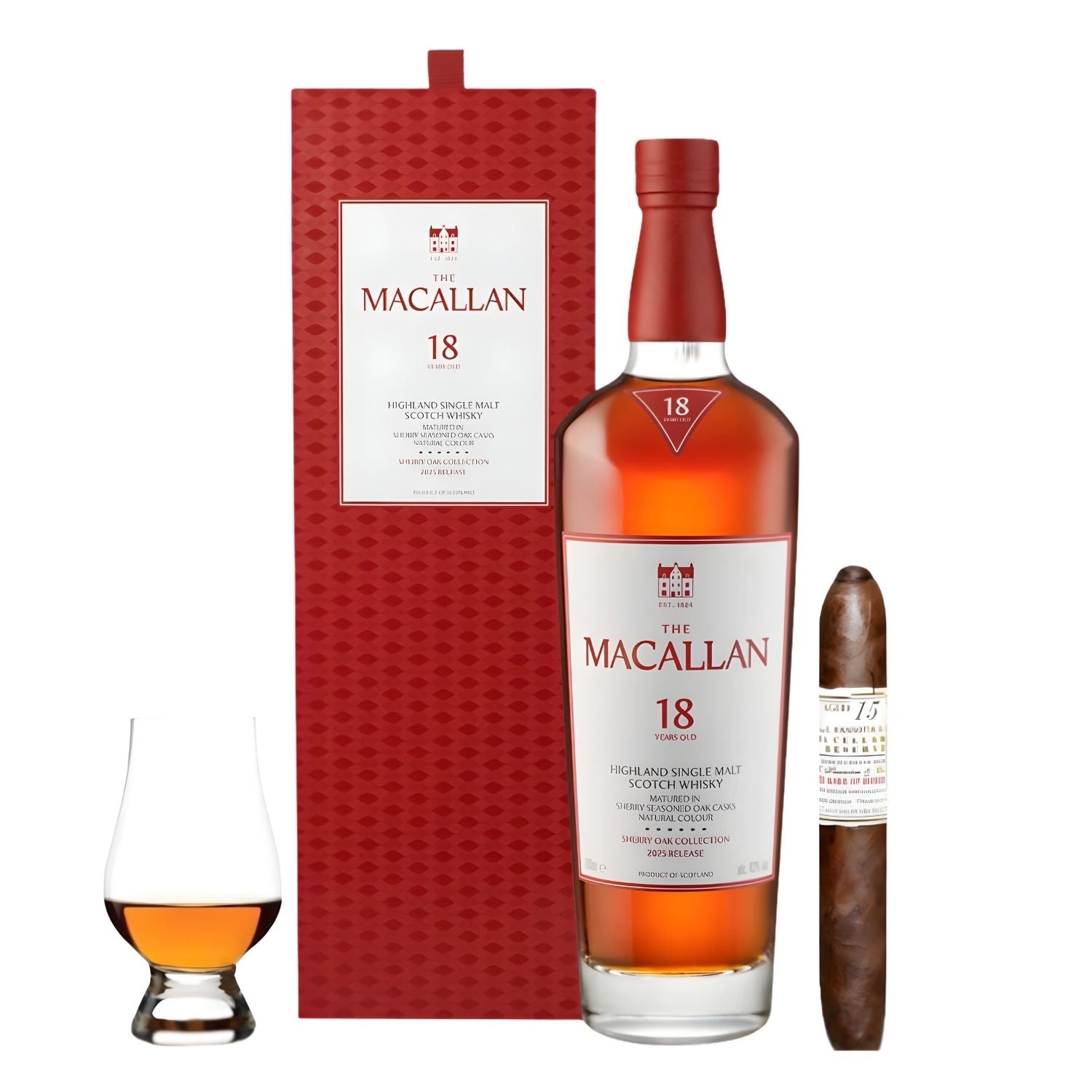 The Macallan 18 Year Sherry Oak Single Malt Scotch Whisky Gift Set with Cigar and Glass 750ml