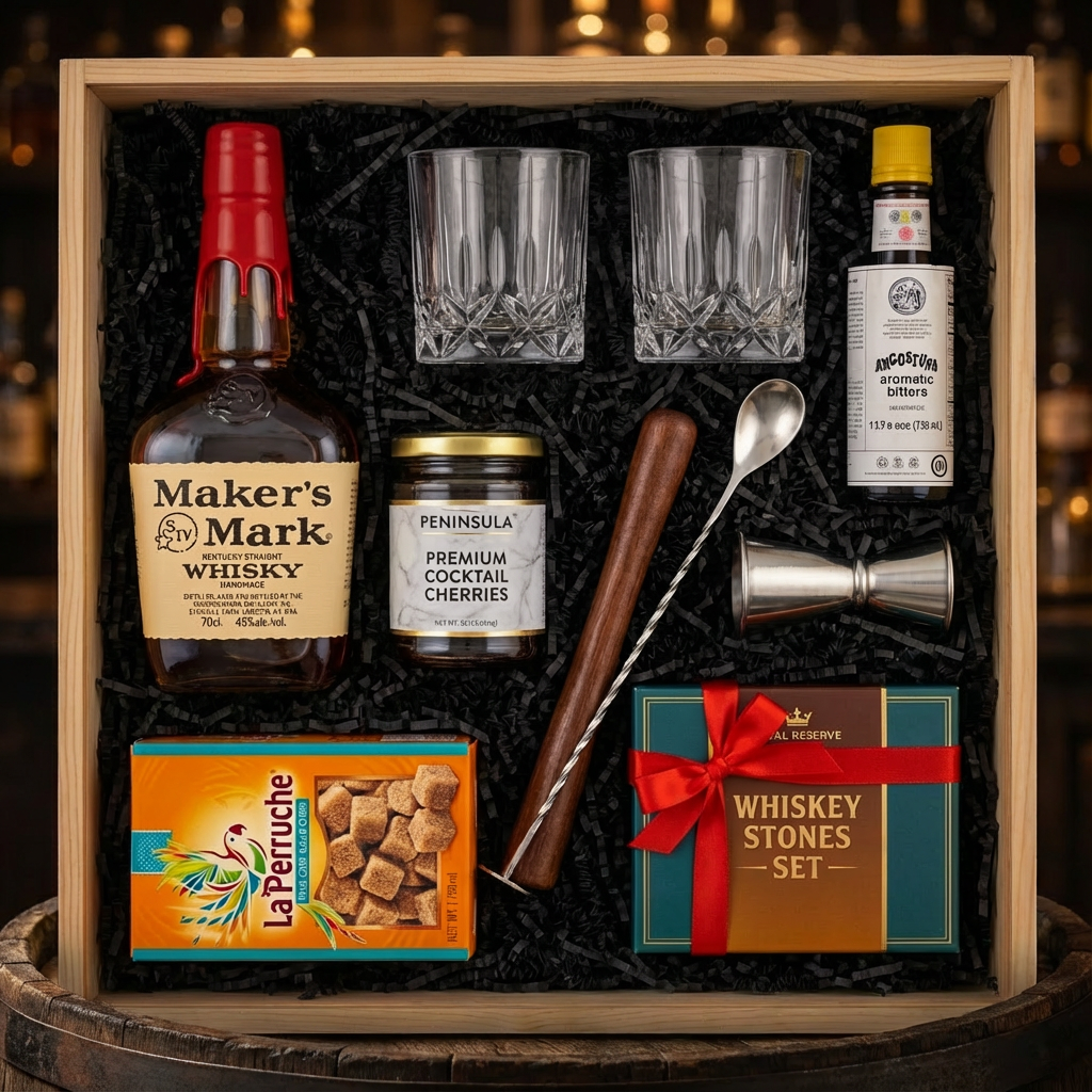 Maker's Mark Old-Fashioned cocktail gift crate with Maker's Mark bourbon with red wax seal, crystal glasses, bitters, muddler, bar spoon, jigger, cocktail cherries, sugar cubes, and whiskey stones nestled in black zigzag crinkle paper inside wooden crate on rustic aged oak surface with warm amber bourbon bar lighting