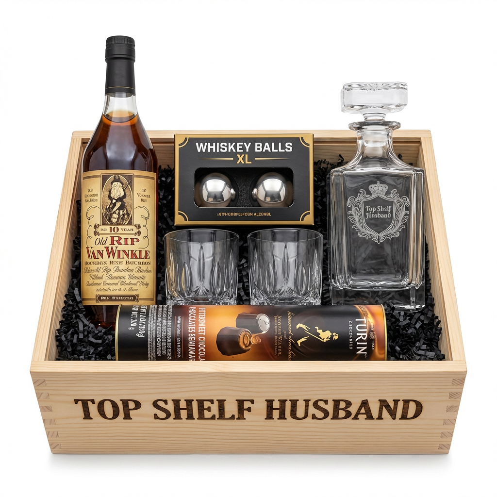Old Rip Van Winkle 10 Year Bourbon "Top Shelf Husband" Gift Crate featuring engraved decanter, two crystal-cut old-fashioned glasses, stainless-steel whiskey balls with freezer tray, and Turin liquor-filled chocolates in an engraved wooden crate