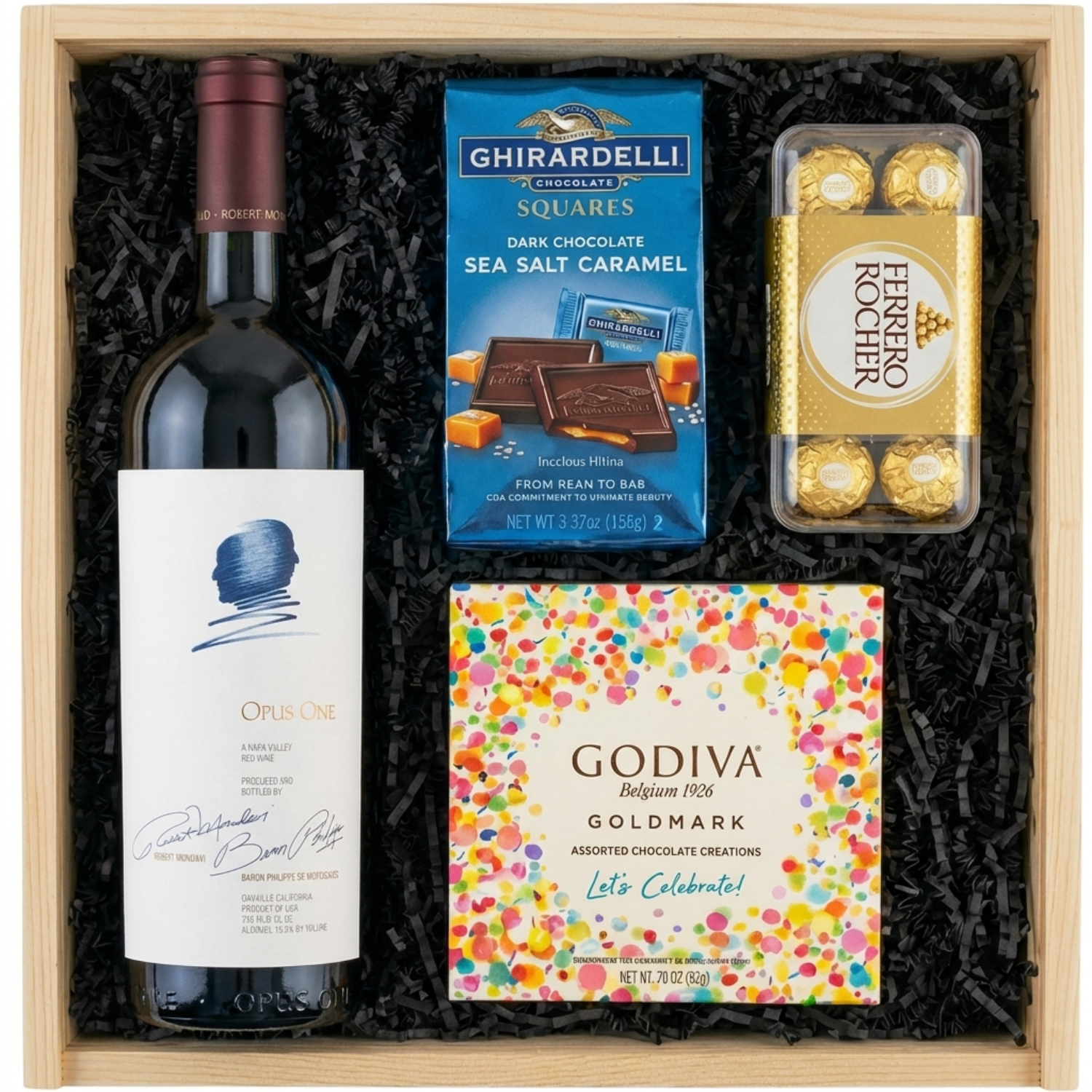 Opus One Napa Valley wine chocolate gift crate with Godiva assorted chocolates, Ferrero Rocher, and Ghirardelli sea salt caramel in a wooden box.