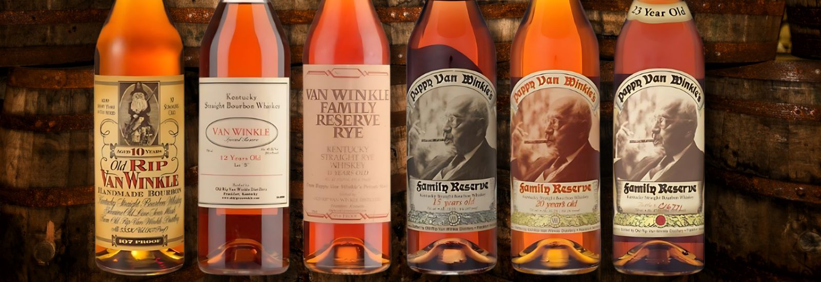 Pappy Van Winkle bourbon lineup featuring Old Rip, Lot B, Family Reserve 15, 20, and 23 Year bottles