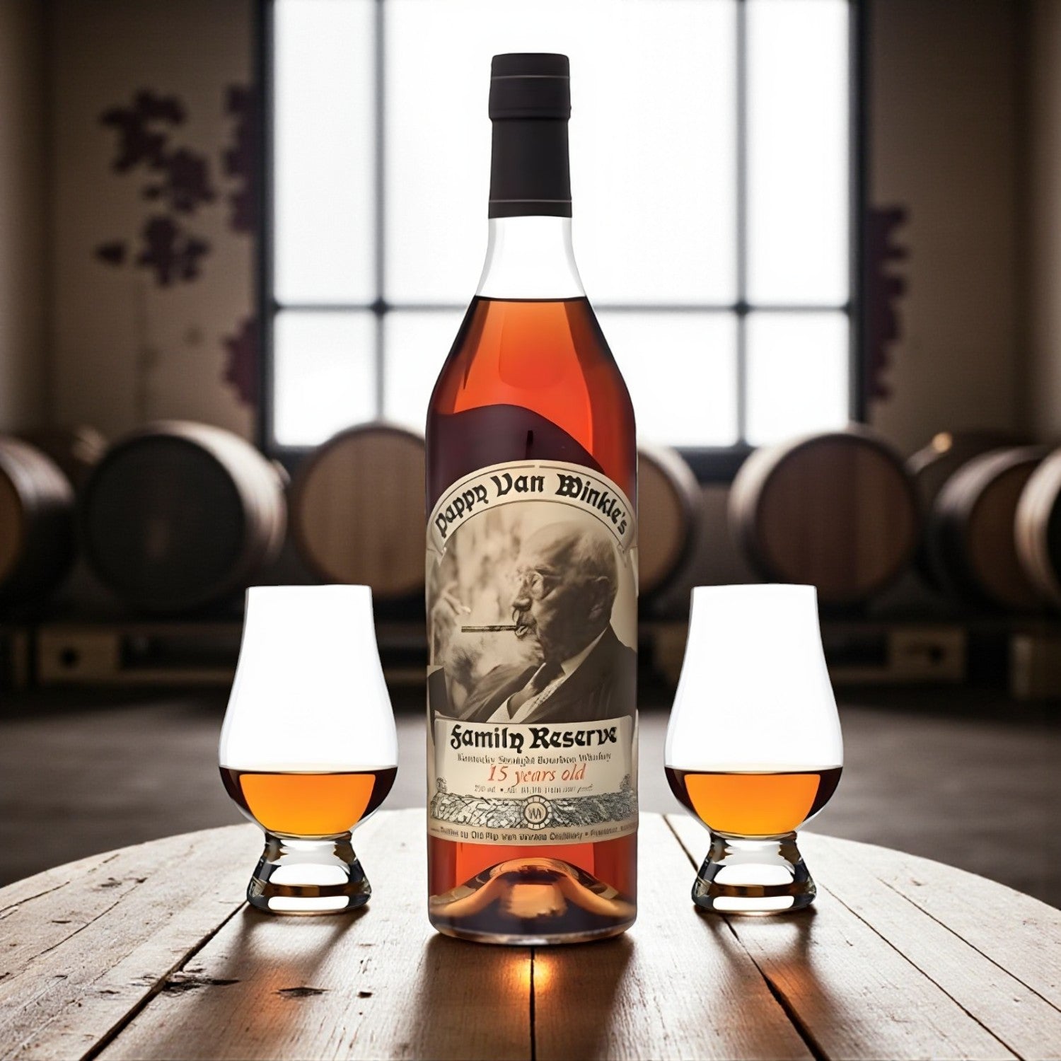 Pappy Van Winkle Family Reserve 15 Year Bourbon Gift Set with two Glencairn glasses on wooden barrel table in bourbon warehouse – lifestyle shot from Total Bourbon