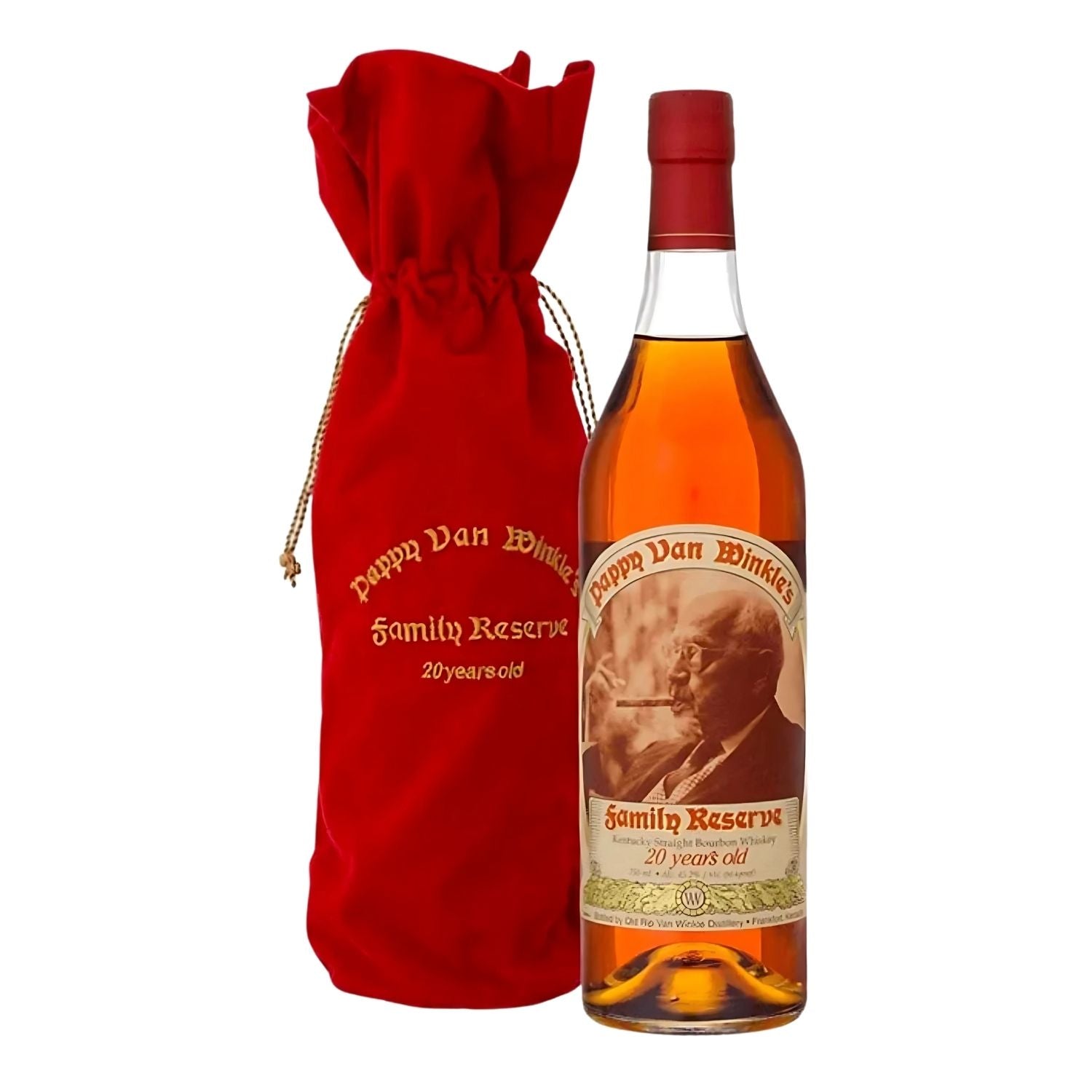 Pappy Van Winkle Family Reserve 20 Year Kentucky Straight Bourbon Whiskey 750ml bottle on white background – available at Total Bourbon