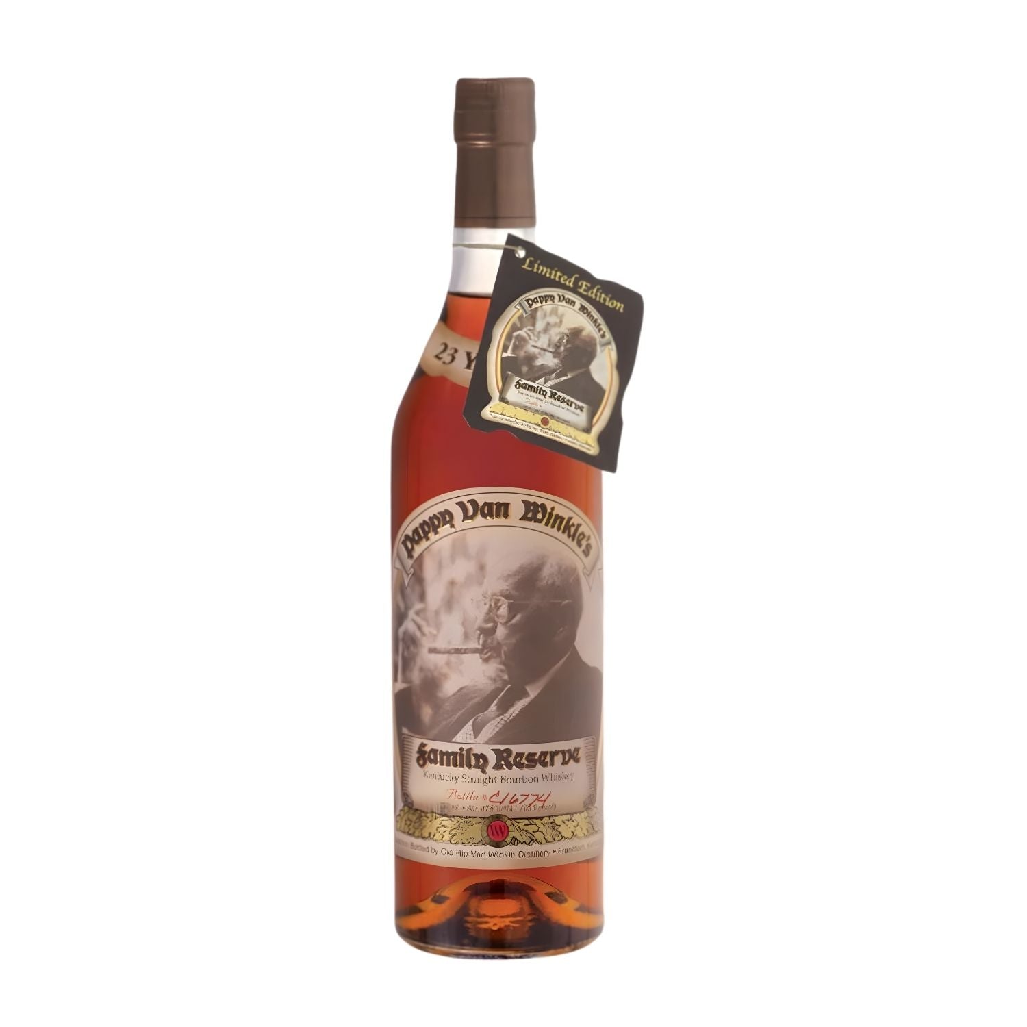Pappy Van Winkle Family Reserve 23 Year Kentucky Straight Bourbon Whiskey 750ml bottle on white background – available at Total Bourbon