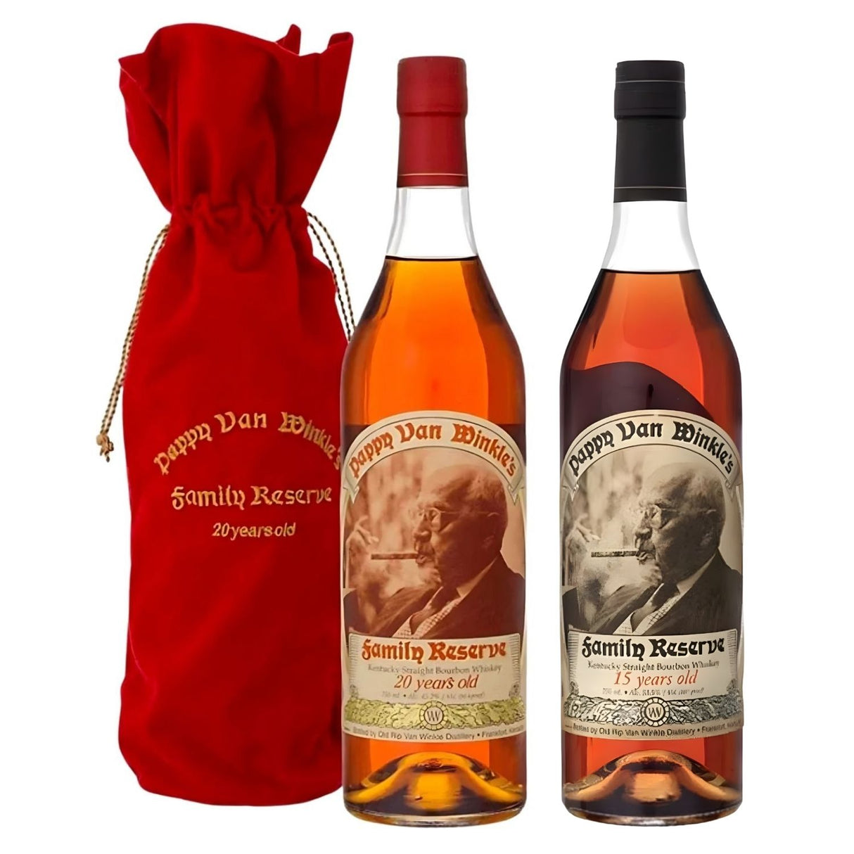Pappy Van Winkle Family Reserve Duo featuring two 750ml bottles: Pappy Van Winkle's Family Reserve 15 Year and Pappy Van Winkle's Family Reserve 20 Year Bourbon