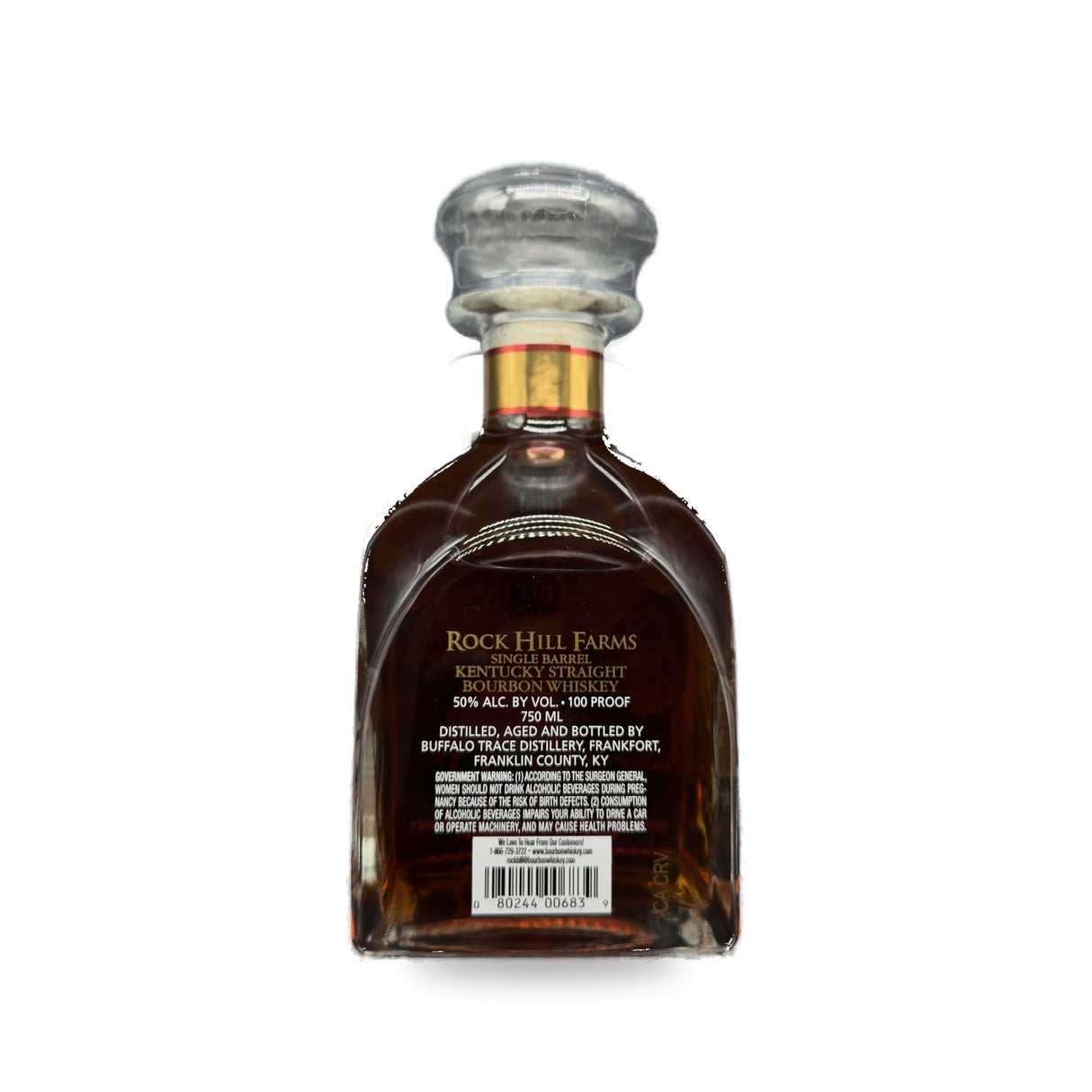 Rock Hill Farms Single Barrel Bourbon Whiskey 750ml - back label on white studio background