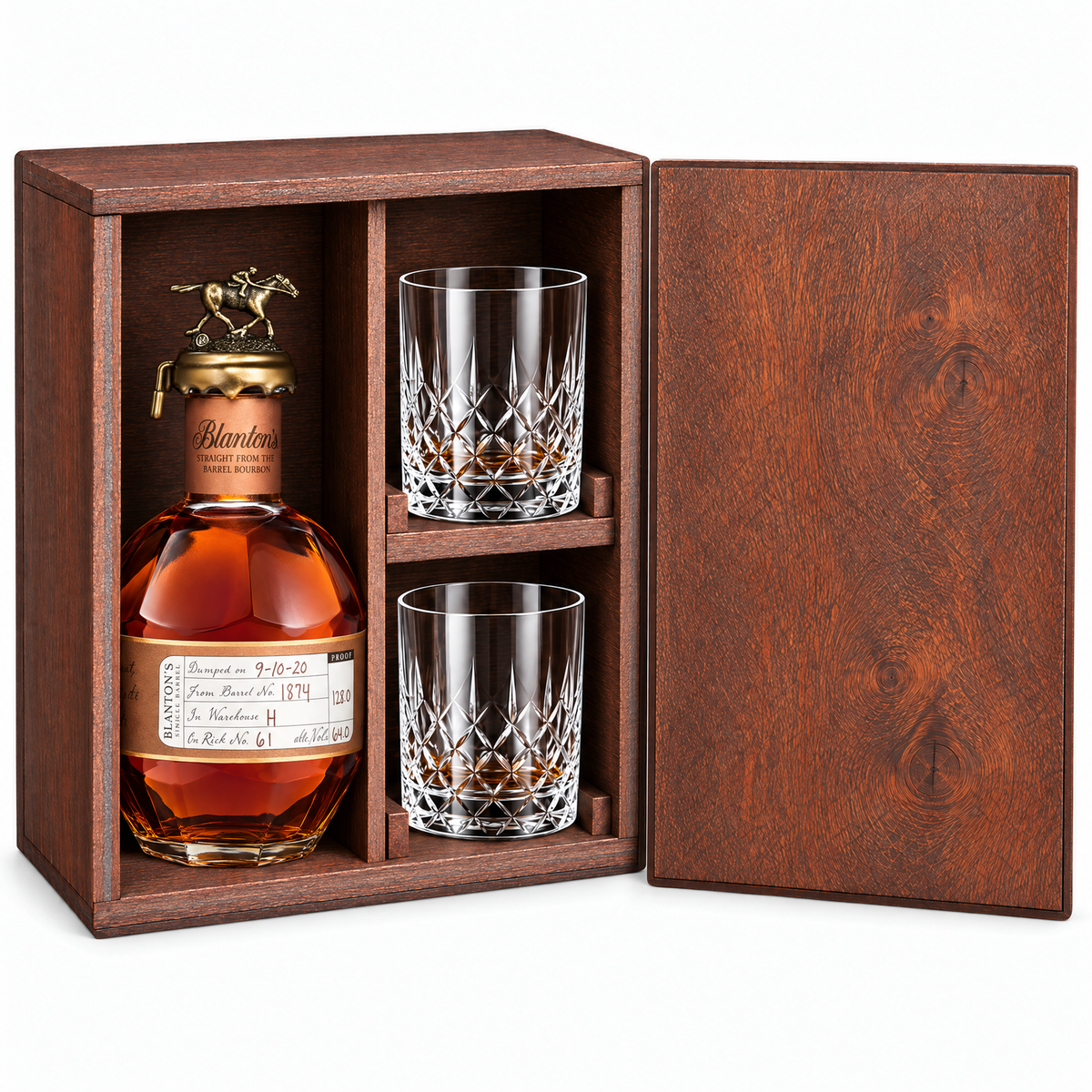 Blanton's Straight From the Barrel Gift Set with Wooden Box & 2 Crystal Glasses wooden gift set hero