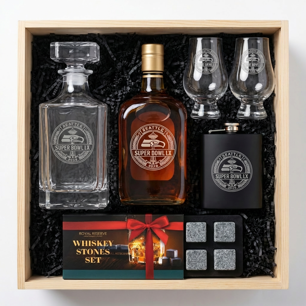 Super Bowl LX Seattle Seahawks Championship Bourbon Gift Crate featuring custom engraved Elmer T. Lee Single Barrel Bourbon, engraved decanter, two Glencairn glasses, granite whiskey stones with wooden tray, and engraved hip flask with Space Needle