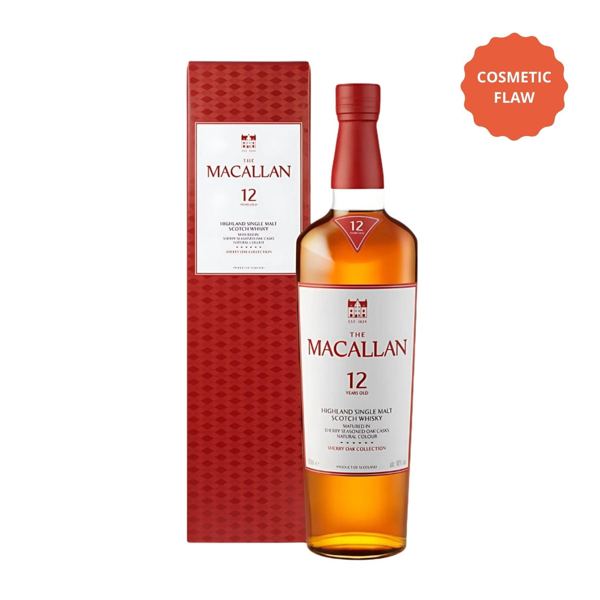 The Macallan 12 Year Sherry Oak Single Malt Scotch Whisky 750ml bottle, aged in sherry-seasoned oak casks from Speyside Scotland, Bloopers cosmetic flaw discount bottle