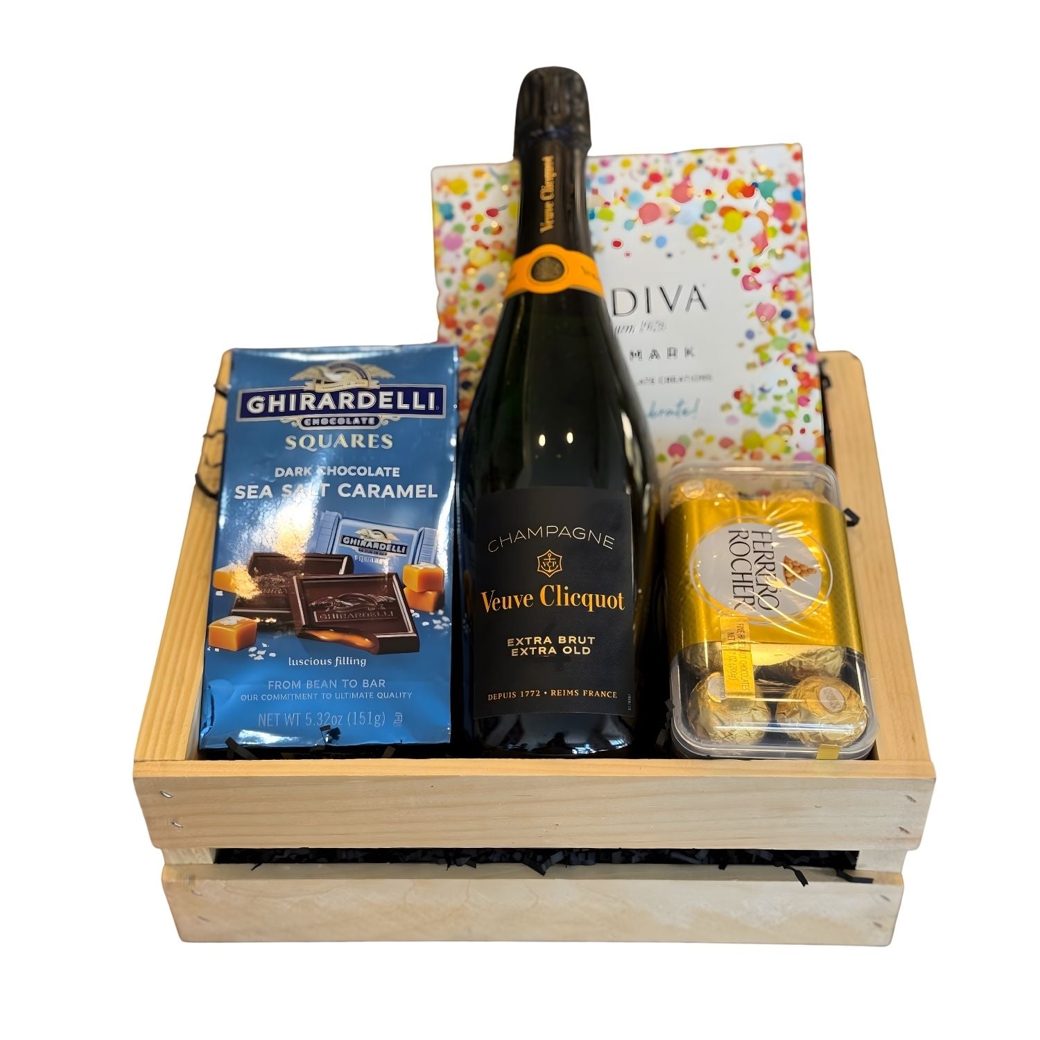 Veuve Clicquot Extra Brut Extra Old Champagne gift crate with Ghirardelli Sea Salt Caramel Squares, Godiva Let&