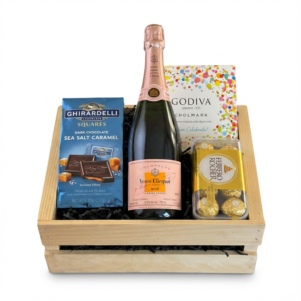 Veuve Clicquot Rosé Brut Champagne gift crate with Ghirardelli Sea Salt Caramel Squares, Godiva Let&