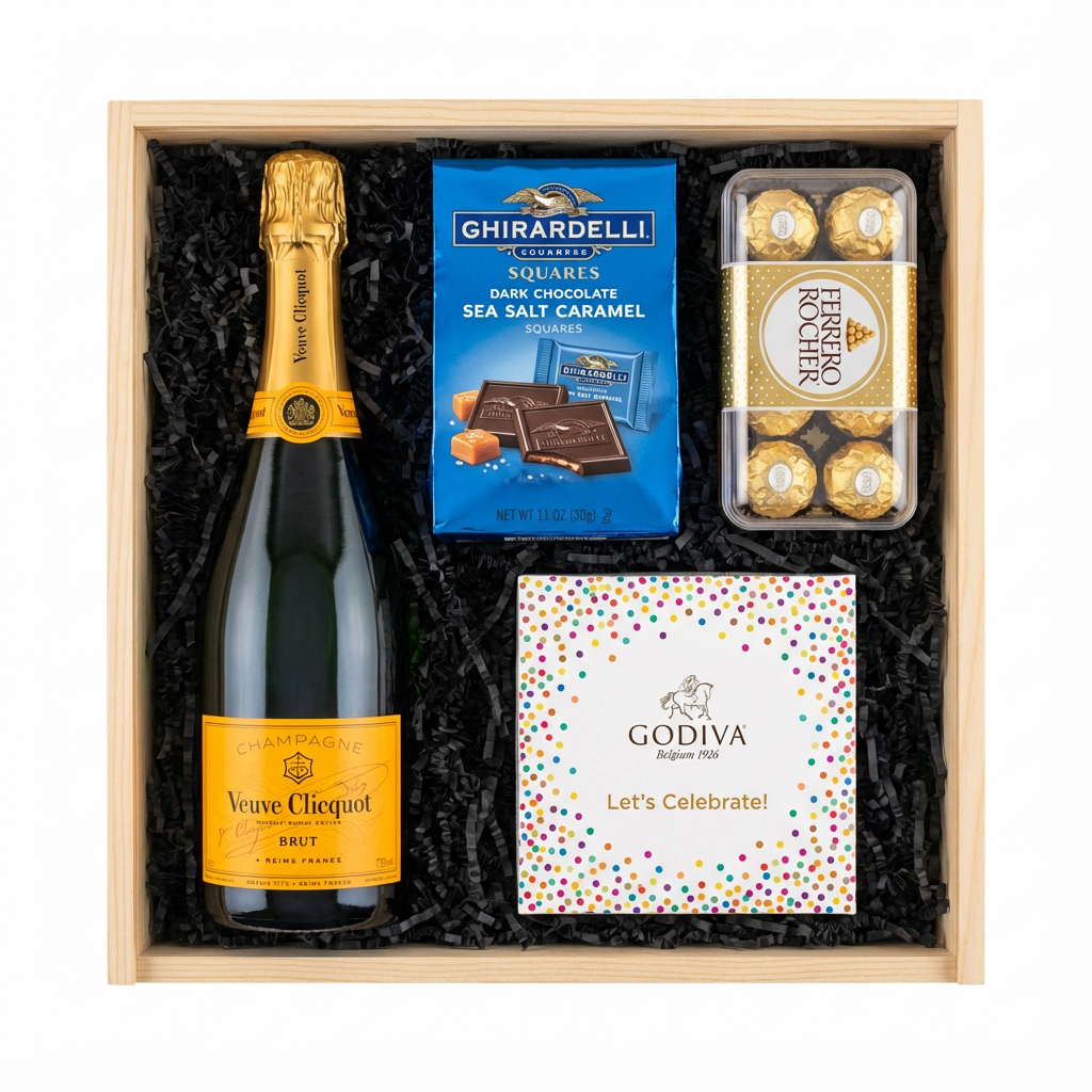 Veuve Clicquot Yellow Label Brut Champagne gift crate with Ghirardelli Dark Chocolate Sea Salt Caramel squares, Godiva Let's Celebrate chocolate box, and Ferrero Rocher chocolates in black crinkle paper on white background